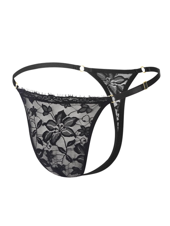 Womens Lace Thong Low Rise, Sheer Floral Eyelash Trim Panties Adjustable Metal Ring Waistband, Breathable Polyester Spandex Black,Size Free Size