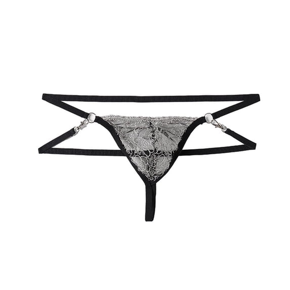 Womens Lace Thong Panties Double Strap Metal Ring Low Rise Lingerie, No VPL Breathable Backless Underwear, Black One Size,Size Free Size