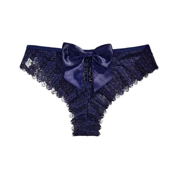 Womens Lace Thong Panties with Bow - Navy Blue Low Rise Underwear, Comfortable & Stretchy for Everyday Wear, Soft Lace Intimates,Size S