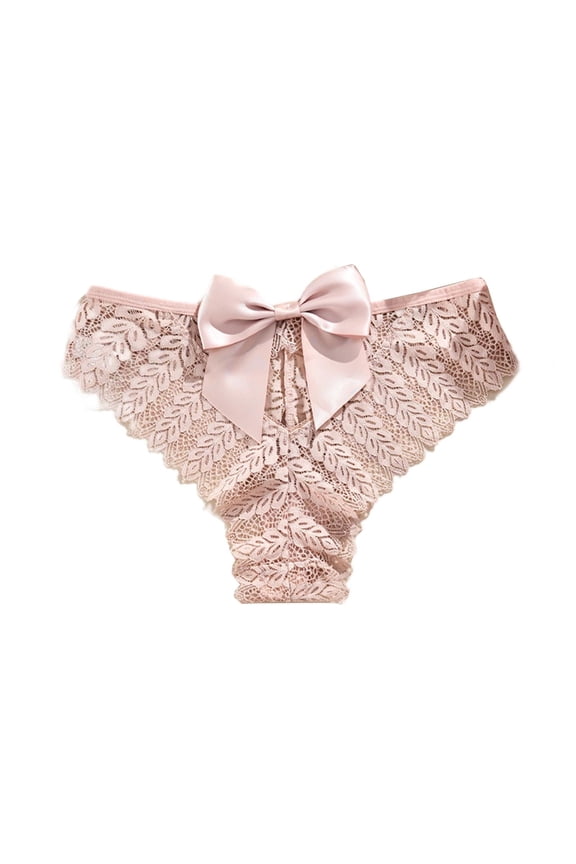 Womens Lace Thong Panties with Satin Bow Back - Comfortable Low Rise Underwear for Everyday, Soft Stretch Fabric, Beige,Size L