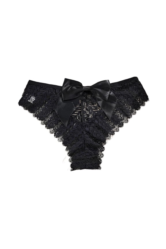 Womens Lace Thong Panties with Satin Bow - Black Low Rise Underwear, Comfortable Stretchy Lace for Everyday & Special Occasions,Size L