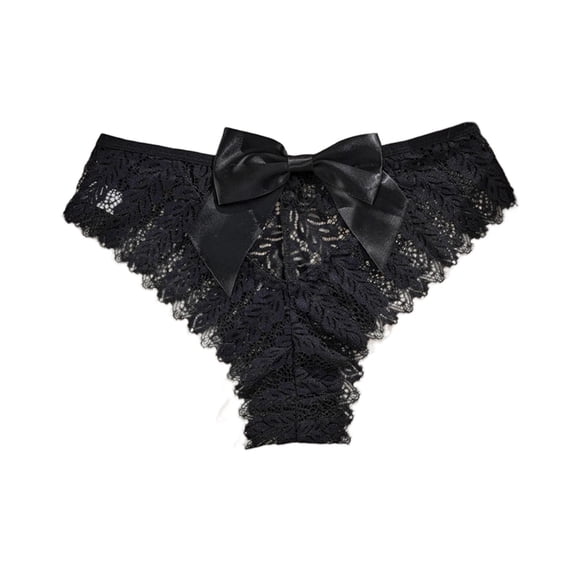 Womens Lace Thong Panties with Satin Bow - Black Low Rise Underwear, Comfortable Stretchy Lace for Everyday & Special Occasions,Size S