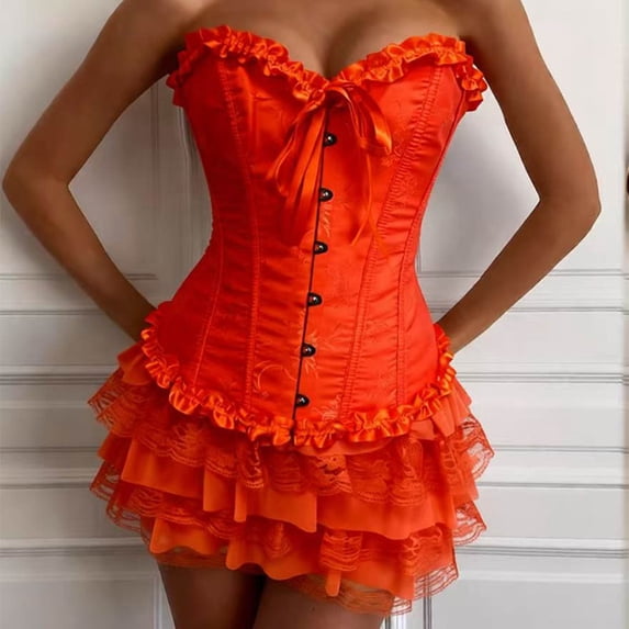 Womens Lace Tiered Mini Skirt Cute Ruffled Pleated Skort Orange S