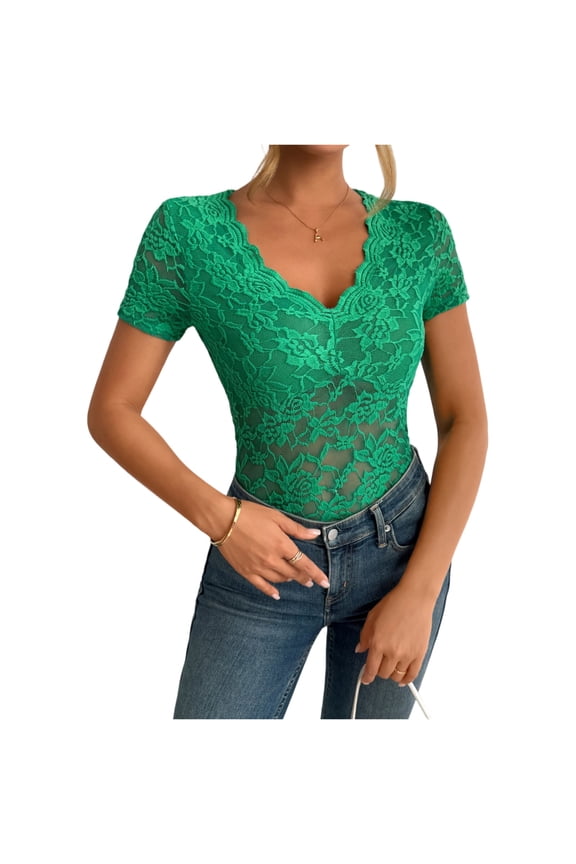 Womens Lace Tops Deep V Neck Short Sleeve Date Night Fitted Lace Shirts