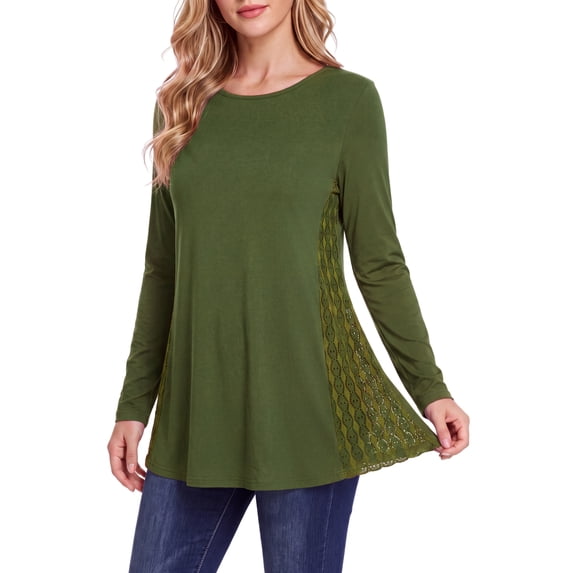 Womens Lace Tops Dressy Casual Long Sleeve Shirts Flowy Tunic Top Wrinkle Free Blouses for Leggings