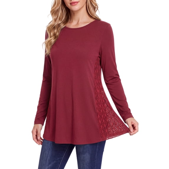 Womens Lace Tops Dressy Casual Long Sleeve Shirts Flowy Tunic Top Wrinkle Free Blouses for Leggings