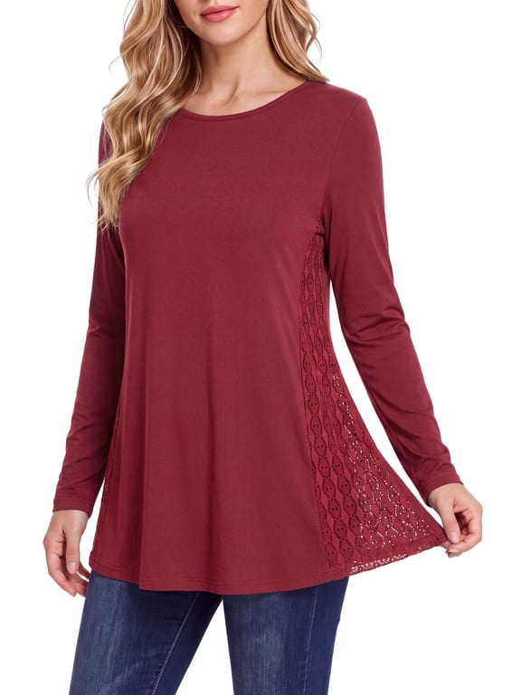 Womens Lace Tops Dressy Casual Long Sleeve Shirts Flowy Tunic Top Wrinkle Free Blouses for Leggings