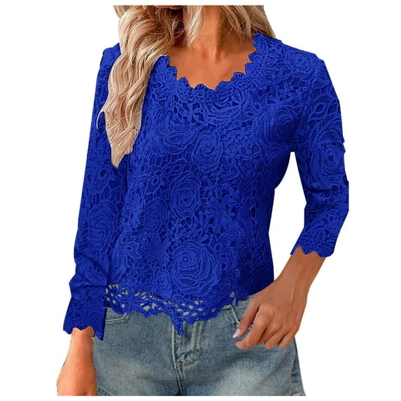 Womens Lace Tops Long Sleeve Crewneck Casual Dressy Elegant Blouses Fall Loose Solid Color Pullover Shirt Trendy (Blue S)