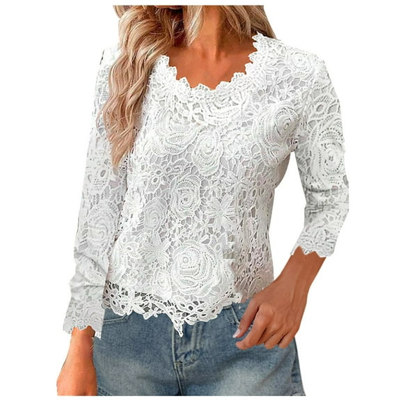 Womens Lace Tops Long Sleeve Crewneck Casual Dressy Elegant Blouses Fall Loose Solid Color Pullover Shirt Trendy (White M)