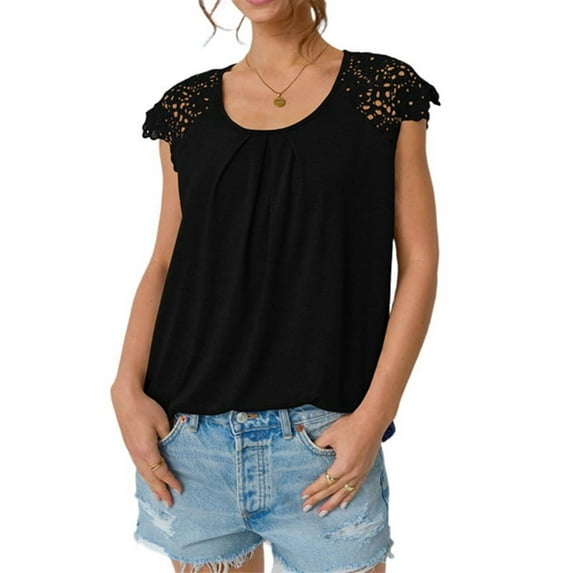 Womens Lace Tops Pleated Short Sleeve Shirts Summer Casual Dressy Blouses Black L
