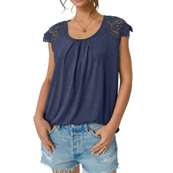 Womens Lace Tops Pleated Short Sleeve Shirts Summer Casual Dressy Blouses Dark Blue L
