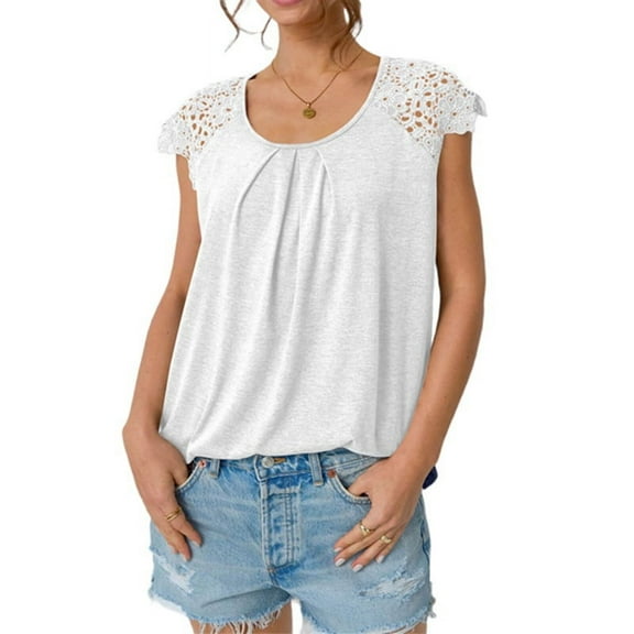 Womens Lace Tops Pleated Short Sleeve Shirts Summer Casual Dressy Blouses White M