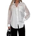 thumbnail image 1 of Womens Lace Trim Blouse Shirt Casual Collar Long Sleeve Oversized Button Down Blouse with Pocket White L, 1 of 7