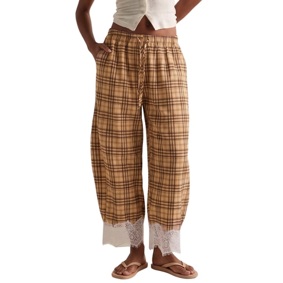 Womens Lace Trim Gingham Wide Leg Pants Elastic Drawstring Waist Lounge Barrel Pants with Pockets