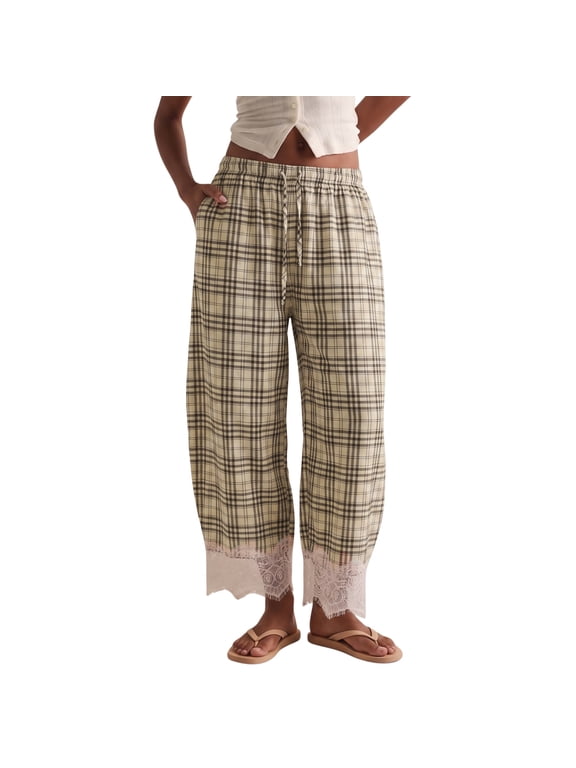Womens Lace Trim Gingham Wide Leg Pants Elastic Drawstring Waist Lounge Barrel Pants with Pockets