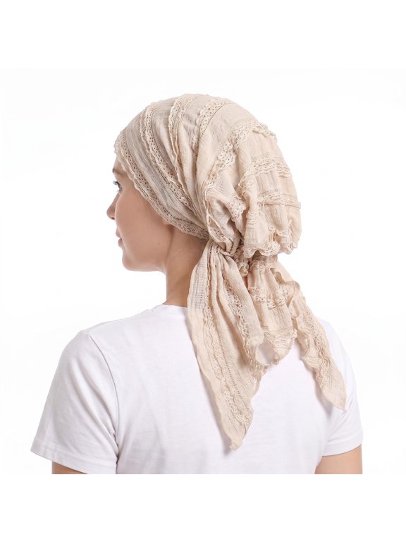 Womens Lace Trim Headscarf Cap Full Coverage Pull On Head Wrap Curved Hem Triangle Tail Hat Soft Draped Head Cover