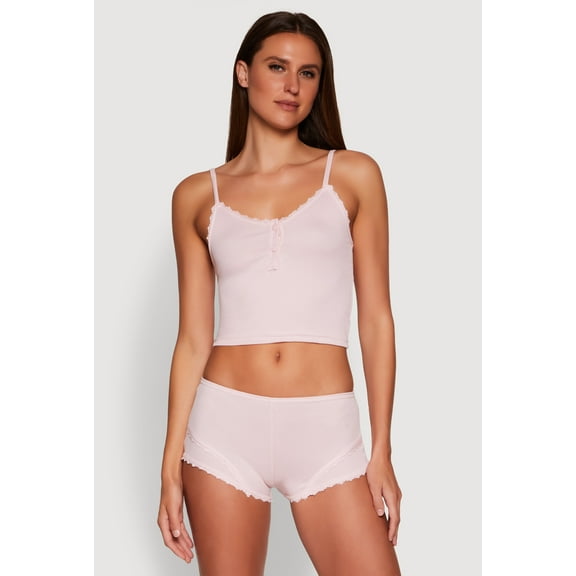 Womens Lace Trim Henley Pajama Cami and Shorts Set