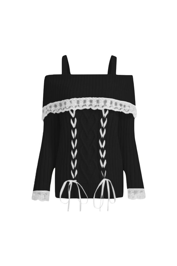 Womens Lace Trim Knit Sweaters Y2K Fairy Grunge Off Shoulder Boat Neck Pullover Sweater Tie-Up Long Sleeve Jumpers