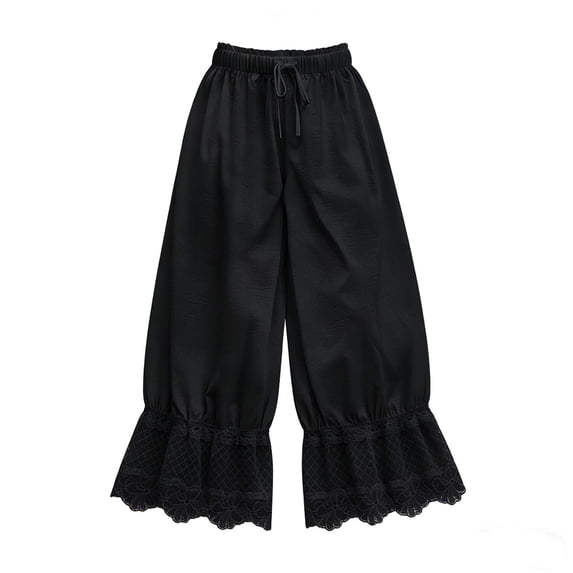 Womens Lace Trim Long Bloomers Pants Ruffle Victorian Vintage Pantaloons Summer Beach Travel Vacation Black L(L)