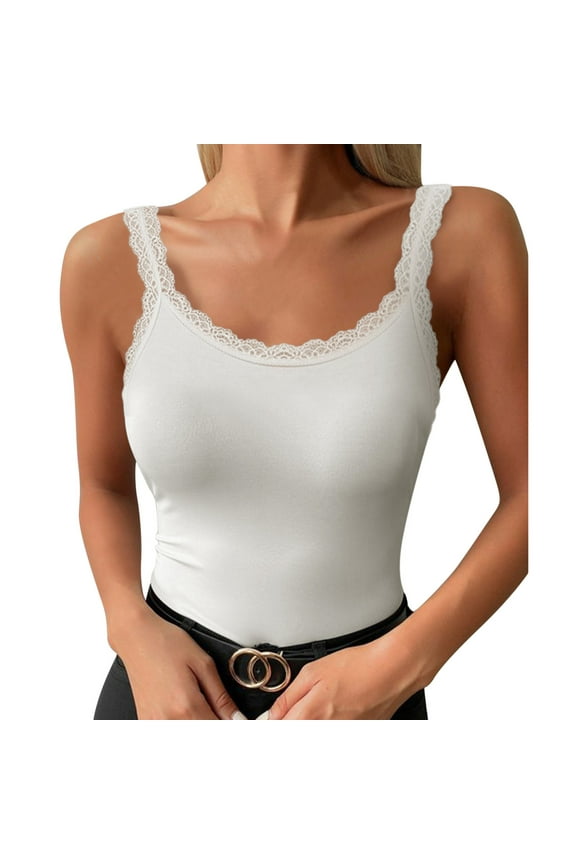 Womens Lace Trim Ribbed Tank Tops Scoop Neck Fitted Sleeveless Shirts Cute Going Out Camisole Solid Color and Striped