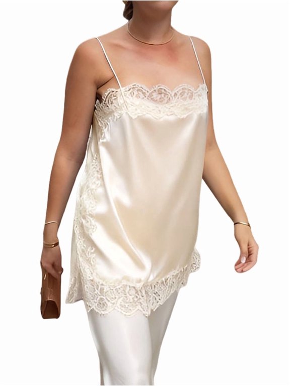 Womens Lace Trim Solid Color Sleeveless Top Summer Camisole Chic Basic Layering Champagne Color M