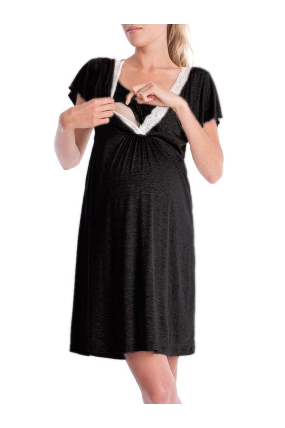 Womens Lace Trim Spliced Short Sleeve Multi Function Maternity Dress and Pregnant Nightgown Black XL
