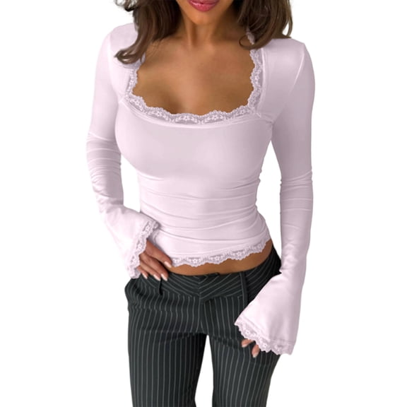 Womens Lace Trim Square Neck Shirt Y2k Bell Long Sleeve Crop Top Aesthetic Slim Fit Going Out Blouse Pink S
