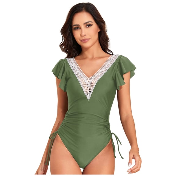 Womens Lace Trim Swimsuits Ruffle Drawstring Ruched Swimming Suit Slimming One Piece Swimsuit for Women V Neck Army Green, M