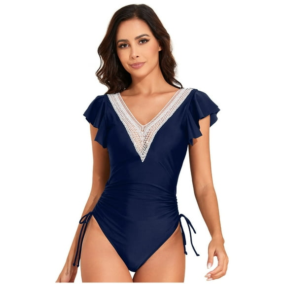 Womens Lace Trim Swimsuits Ruffle Drawstring Ruched Swimming Suit Slimming One Piece Swimsuit for Women V Neck Navy, M