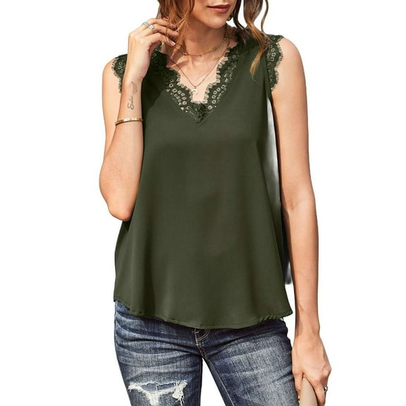 Womens Lace Trim Tank Tops V Neck Sleeveless Shirts 2025 Summer Casual Dressy Top Green M