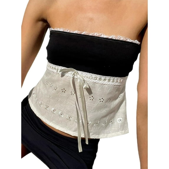 Womens Lace Trim Tube Crop Tops Sheer Mesh Backless Strapless Tops Fairy Grunge Bandeau Vest Y2k Streetwear
