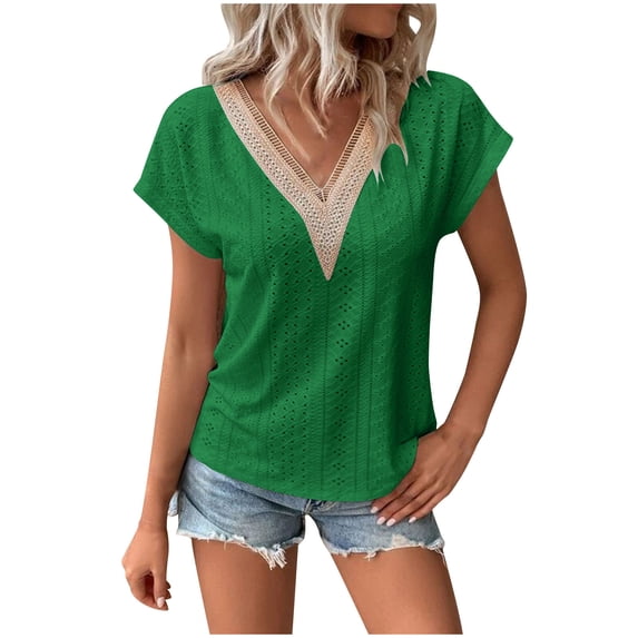 Womens Lace Trim V Neck T-Shirts, Eyelet Tops for Women Summer Plus Size Casual Hollow Solid Color Cap Short Sleeve Shirts Dressy Blouses