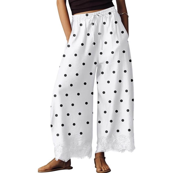Womens Lace Trim Wide Leg Pants 2026 Summer Cropped Lace-Hem Pants Casual Outfits with Pockets , L