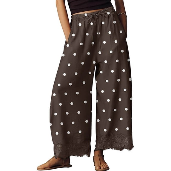 Womens Lace Trim Wide Leg Pants 2026 Summer Cropped Lace-Hem Pants Casual Outfits with Pockets , M