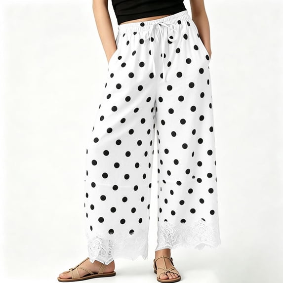 Womens Lace Wide Leg Pants Polka Dot Print Cropped Lace-Hem Pants with Pockets (White L)