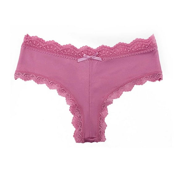 Womens Lace Underwear with Bow No Show Stretch Sexy Soft Panties Invisible Hipster Thongs with Cotton Bottom, Hot Pink, Large
