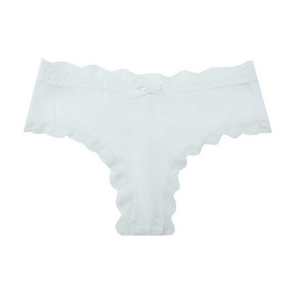 Womens Lace Underwear with Bow No Show Stretch Sexy Soft Panties Invisible Hipster Thongs with Cotton Bottom, White, Medium