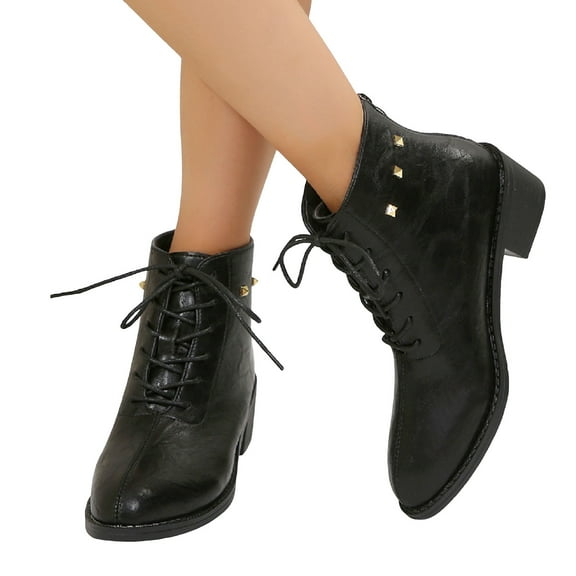 Womens Lace Up Ankle Combat Boots Fashion Studded Pointed Toe Block Low Heel Comfortable Non Slip Short Dress Booties Black Size 5.5