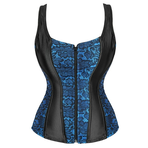 Womens Lace Up Corset Tops Overbust Corset Zipper bustier Corset Renaissance Corsets Blue XS