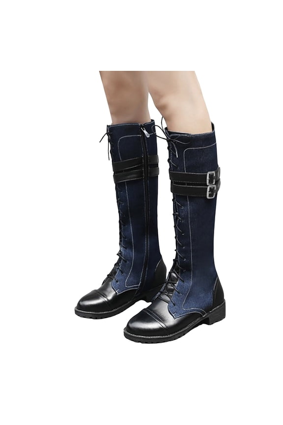 Womens Lace Up Denim Knee High Boots Fashion Splicing Knee Length Combat Booties Chunky Low Heel Gothic Riding Boots Black Size 8.5