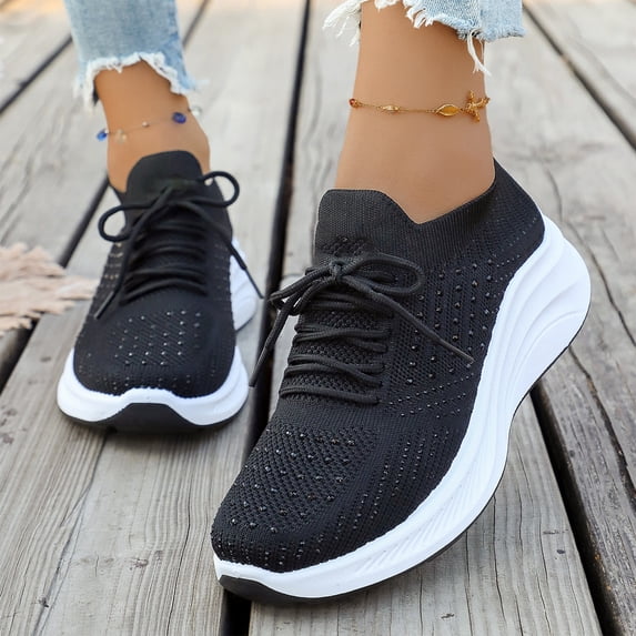 Womens Lace Up Flying Woven Walking Shoes, Breathable Mesh Soft Sole Sneakers, Lightweight Casual Daily Athletic Footwear Black 39