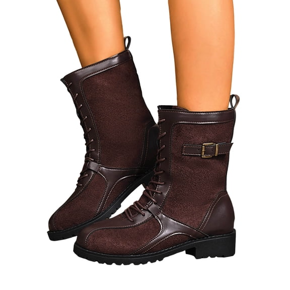 Womens Lace Up Mid Calf Boots Comfortable Non Slip Wide Toe Box Combat Booties Chunky Low Heel Slip On Motocycle Boots Brown Size 6.5