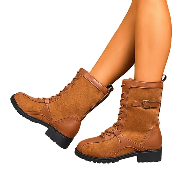 Womens Lace Up Mid Calf Boots Comfortable Non Slip Wide Toe Box Combat Booties Chunky Low Heel Slip On Motocycle Boots Yellow Size 5