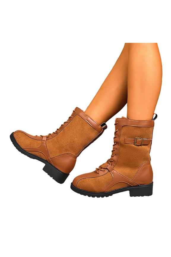 Womens Lace Up Mid Calf Boots Comfortable Non Slip Wide Toe Box Combat Booties Chunky Low Heel Slip On Motocycle Boots Yellow Size 8