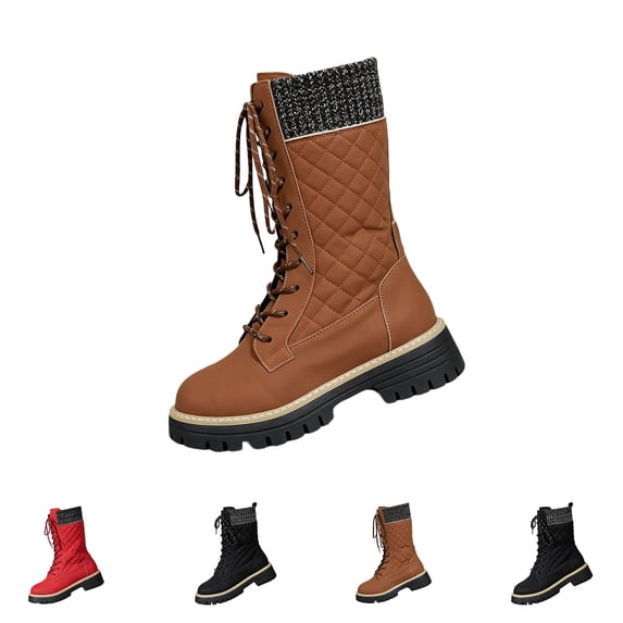 Womens Lace Up Mid Calf Boots Retro Quilted Knit Cuff Fleece Lined Platform Outdoor Daily Shoes