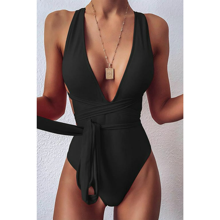 Womens Lace-Up One Piece Swimsuit Sexy Deep V-Neck Monokini Bathing Suits 