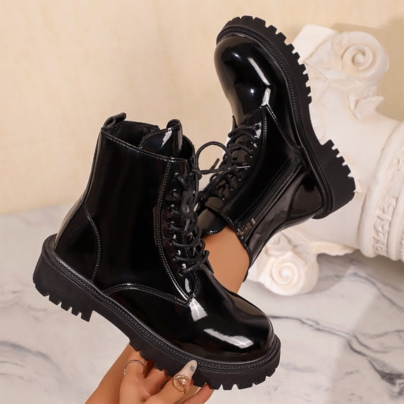 Womens Lace-Up Side Zipper Combat Ankle Booties Chunky Lug Sole Low Heel Platform Short Boots Round Toe Durable Non-Slip Comfortable Shoes for Women Fall Winter Hiking City Walk Daily Wear,Black 37