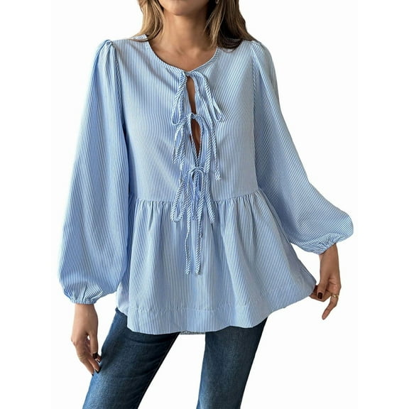 Womens Lace Up Tie Font Y2k Tops Puff Sleeve V Neck Blouse Loose Fit Summer Cute Clothes Blue L