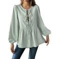 thumbnail image 1 of Womens Lace Up Tie Font Y2k Tops Puff Sleeve V Neck Blouse Loose Fit Summer Cute Clothes Light Green XL, 1 of 6