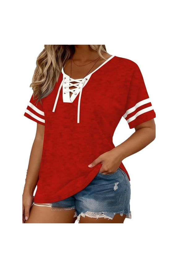 Womens Lace Up V-Neck T-Shirts Short Sleeve Casual Blouses Spring Summer Stripe Print Basic Tee Tops 2026